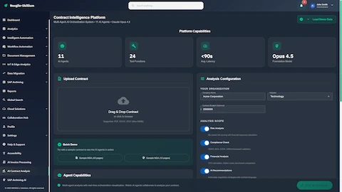 Contract Upload & Configuration - Platform overview with 11 AI agents, analysis scope settings for risk, compliance, and financial analysis